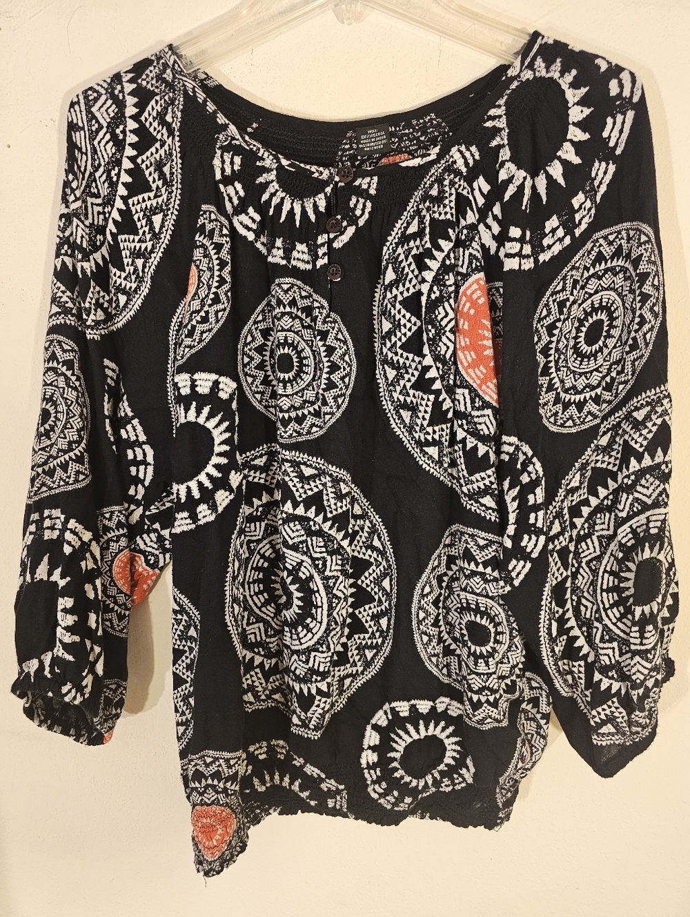 Black Desidual Boho Henley Top with White & Orange Medallions
